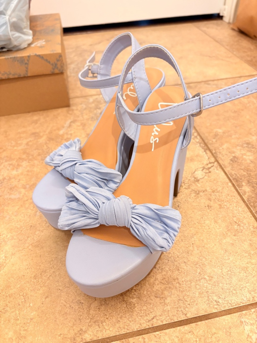Light Blue Bow Platform Heels with Ankle Strap - Women
